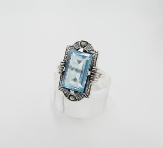 ART DECO Damenring Ring Silber 830 Gr. 53 mit Markasit blauer Glasstein - Antikhandel-Stuttgart