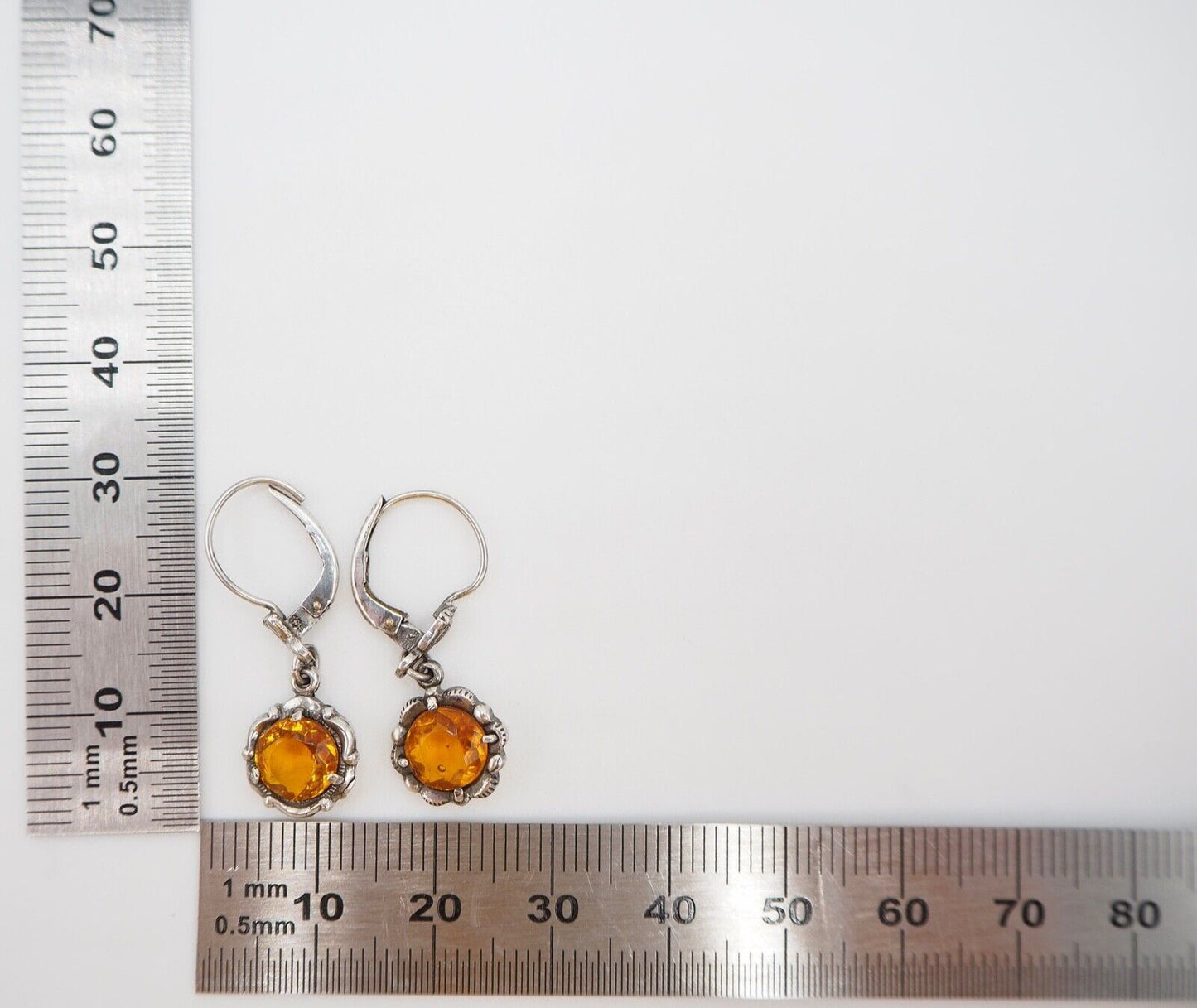 alte 50er Jahre Silber 835 Ohrringe Ohrhänger Ø10 mm Schmuckstein orange gelb - Antikhandel-Stuttgart