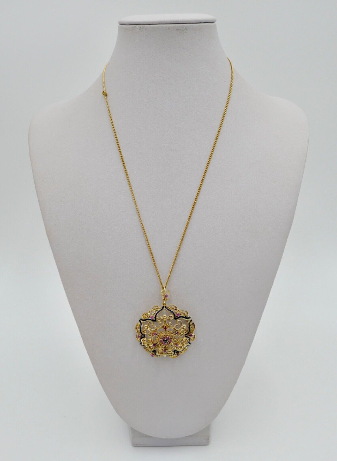 Filigrane Gelbgold Brosche & Anhänger Rubin Saphir Blaue Emaille Ø 40mm 750 18K - Antikhandel-Stuttgart