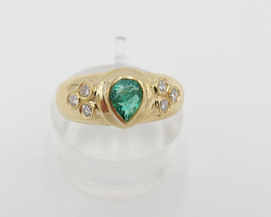 1980er 750 18K Damen Gelbgold Diamant Brillant Smaragd Ring 0,70 Ct Gr. 57-58 - Antikhandel-Stuttgart