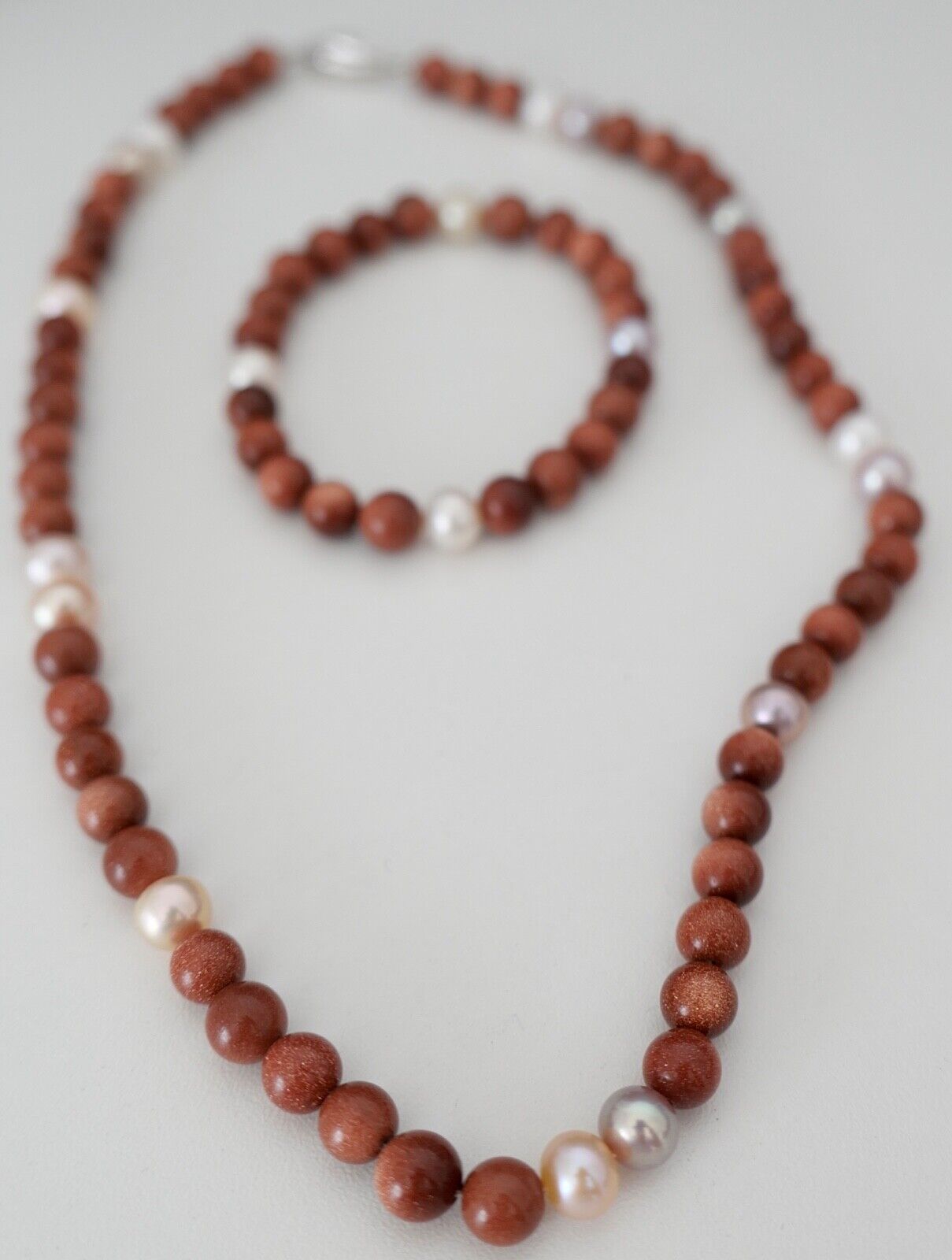 SET Perlenkette Armband Goldfluss Gold 585 /14K pearl Ø 8,3 mm 51 cm rosa Perlen - Antikhandel-Stuttgart