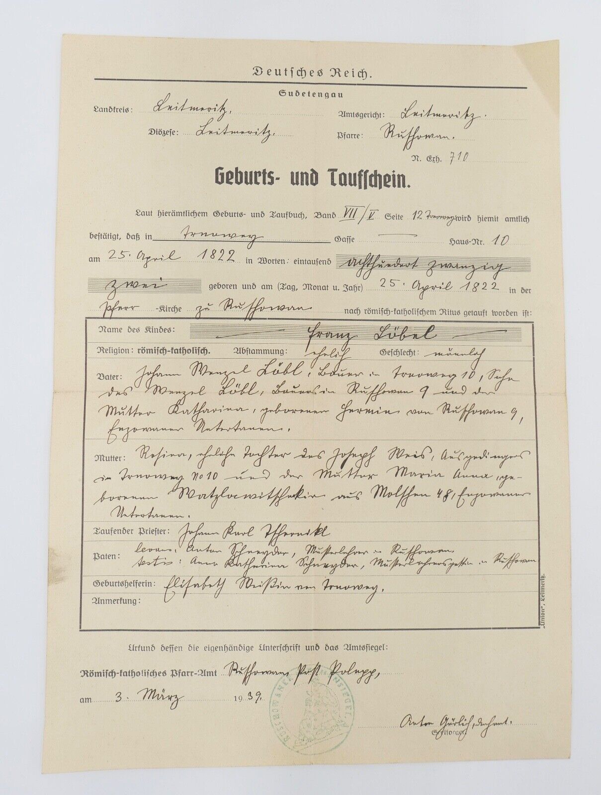 Trauschein Taufbuch Geburts- Taufschein Umsiedler Bescheinigung 1938 1939 1945 - Antikhandel-Stuttgart