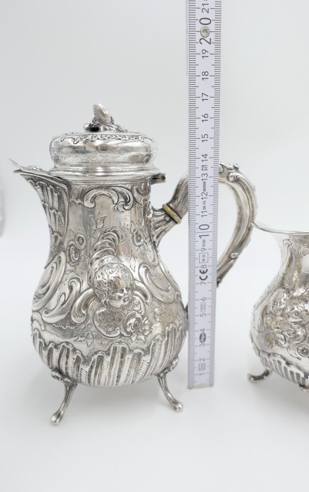 4 teiliges Teeset Set um 1900 Hanau Rokoko 800 Silber 620 Gr Floralverzierung - Antikhandel-Stuttgart