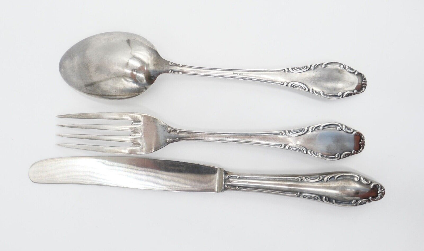 1920 Besteck 3 teilig S.J. & Co. versilbert 90 Monogramm LM / ML mit Etui - Antikhandel-Stuttgart