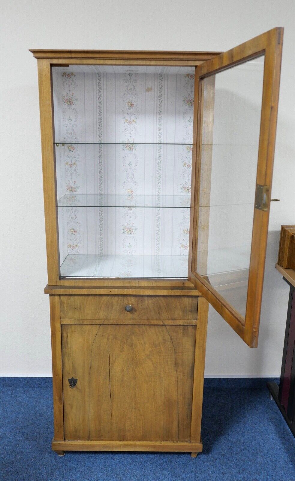 Biedermeier um 1840 Aufsatzvitrine Glasvitrine 2 Tlg. Eiche Nussbaum 169x66x42cm - Antikhandel-Stuttgart