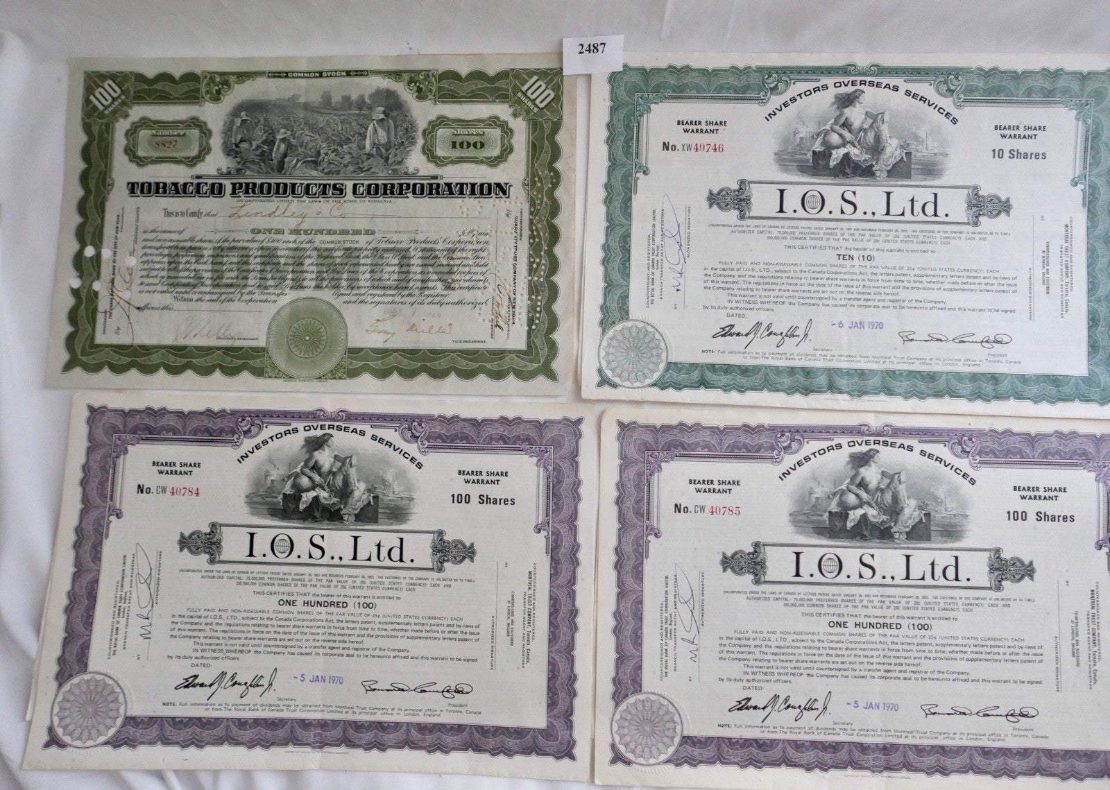6x Aktien I.O.S. Ltd. Overseas & Tobacco Products Corporation Stock Wertpapier