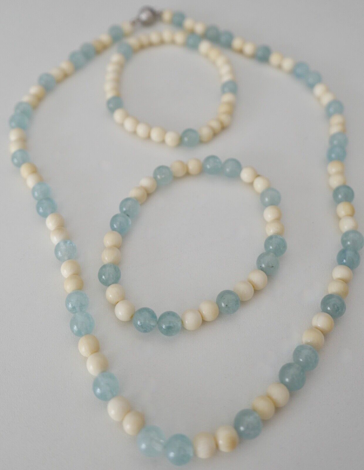 SET 3 Teilig Armband & Kette 55 cm Bein & Aquamarin 585 / 14K Gold - Antikhandel-Stuttgart