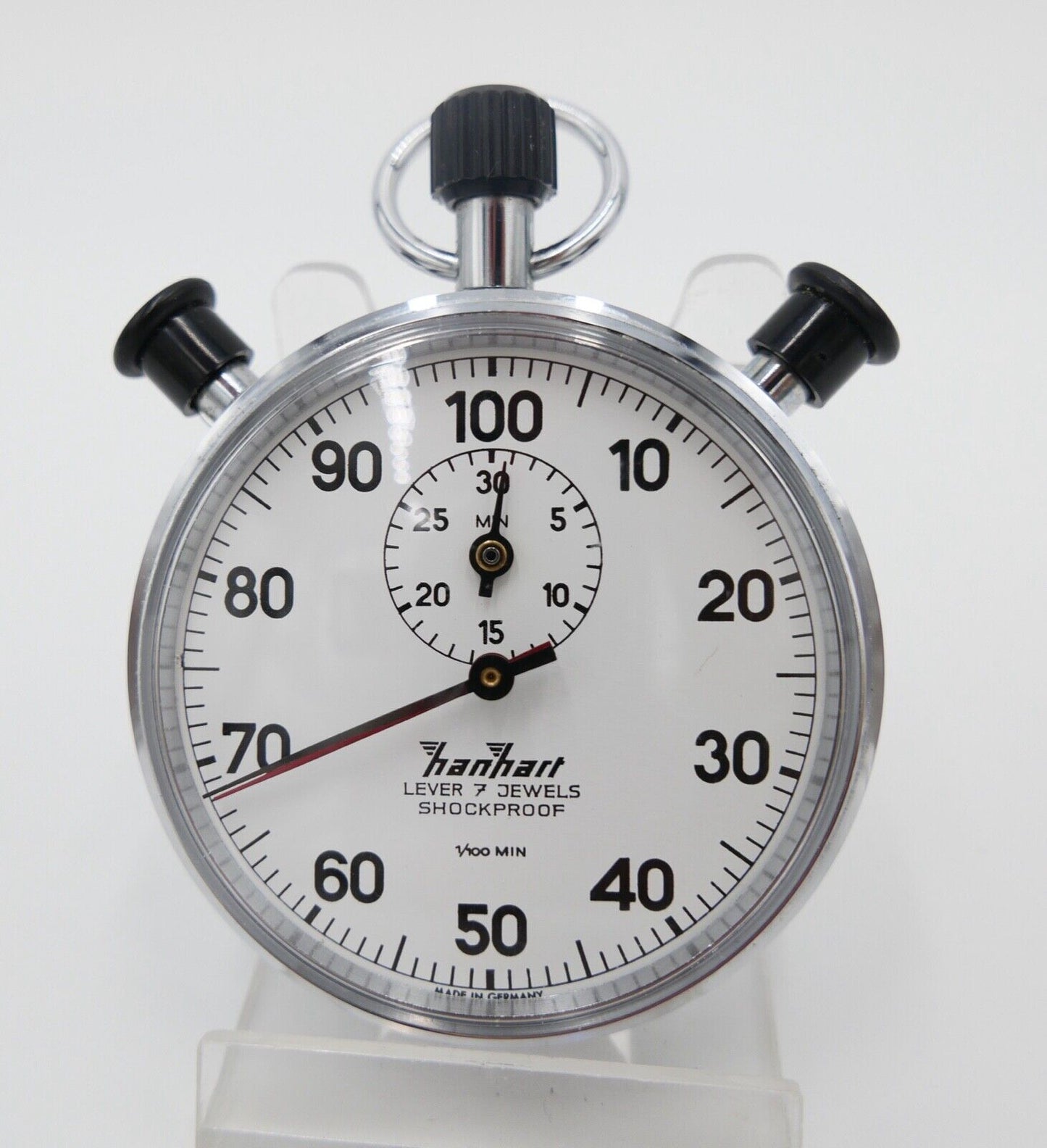 1970er HANHART Stoppuhr 30 Min 1/100 Teilung mechanisch Additions Doppelstopper - Antikhandel-Stuttgart