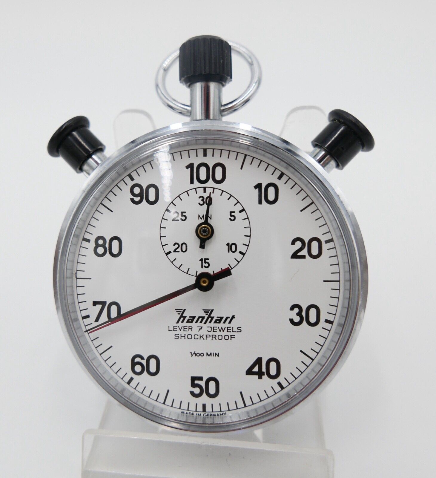 1970er HANHART Stoppuhr 30 Min 1/100 Teilung mechanisch Additions Doppelstopper - Antikhandel-Stuttgart