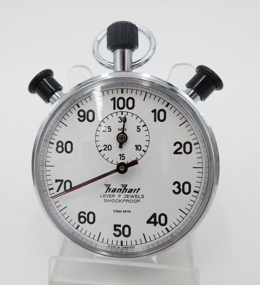 1970er HANHART Stoppuhr 30 Min 1/100 Teilung mechanisch Additions Doppelstopper - Antikhandel-Stuttgart
