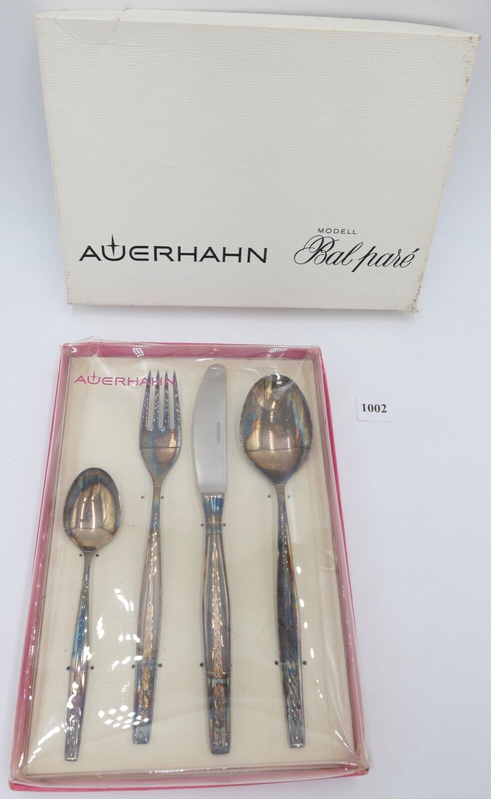 - NEU - OVP 4 Tlg AUERHAHN BAL PARÉ Menübesteck 90er Silber Löffel Gabel Messer - Antikhandel-Stuttgart