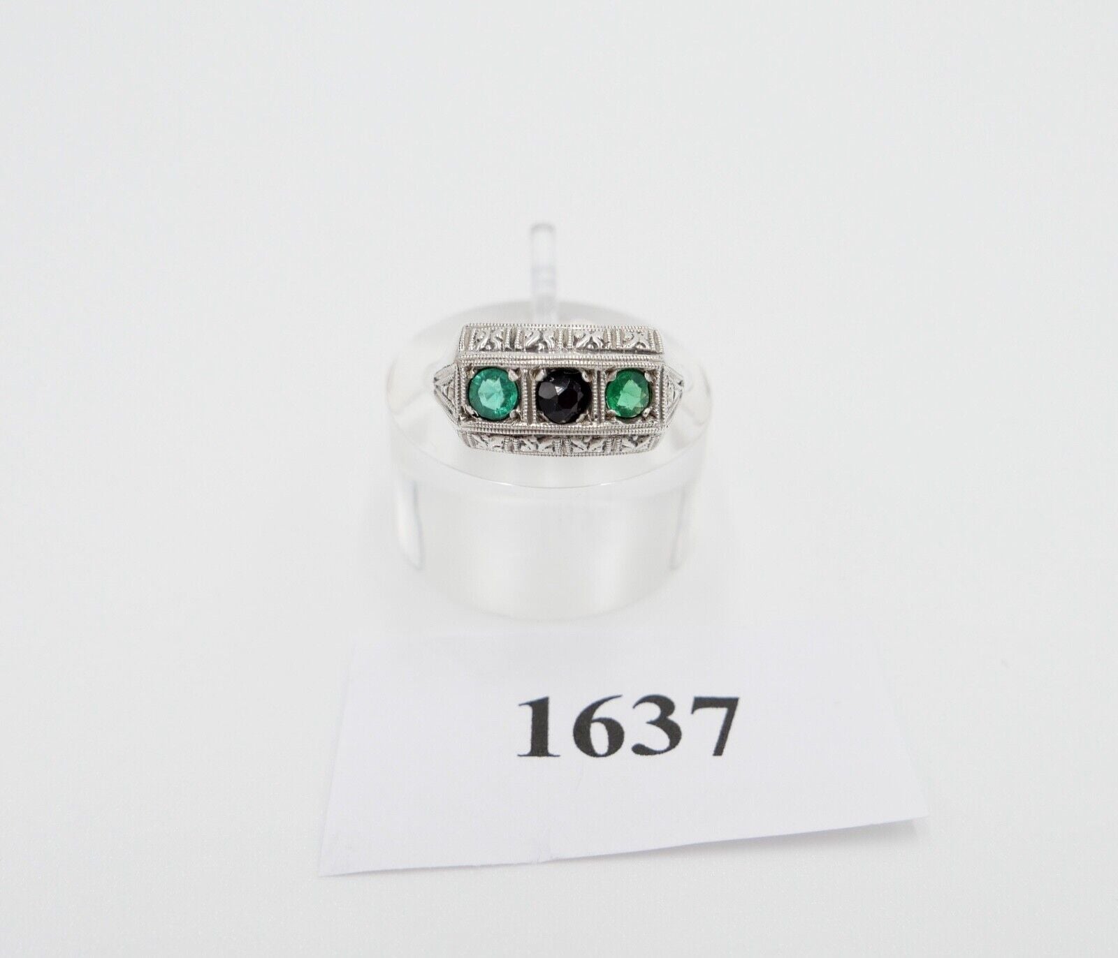 ART DECO Damenring Ring Silber 835 Gr. 53 mit grünen & schwarzen Glasstein - Antikhandel-Stuttgart