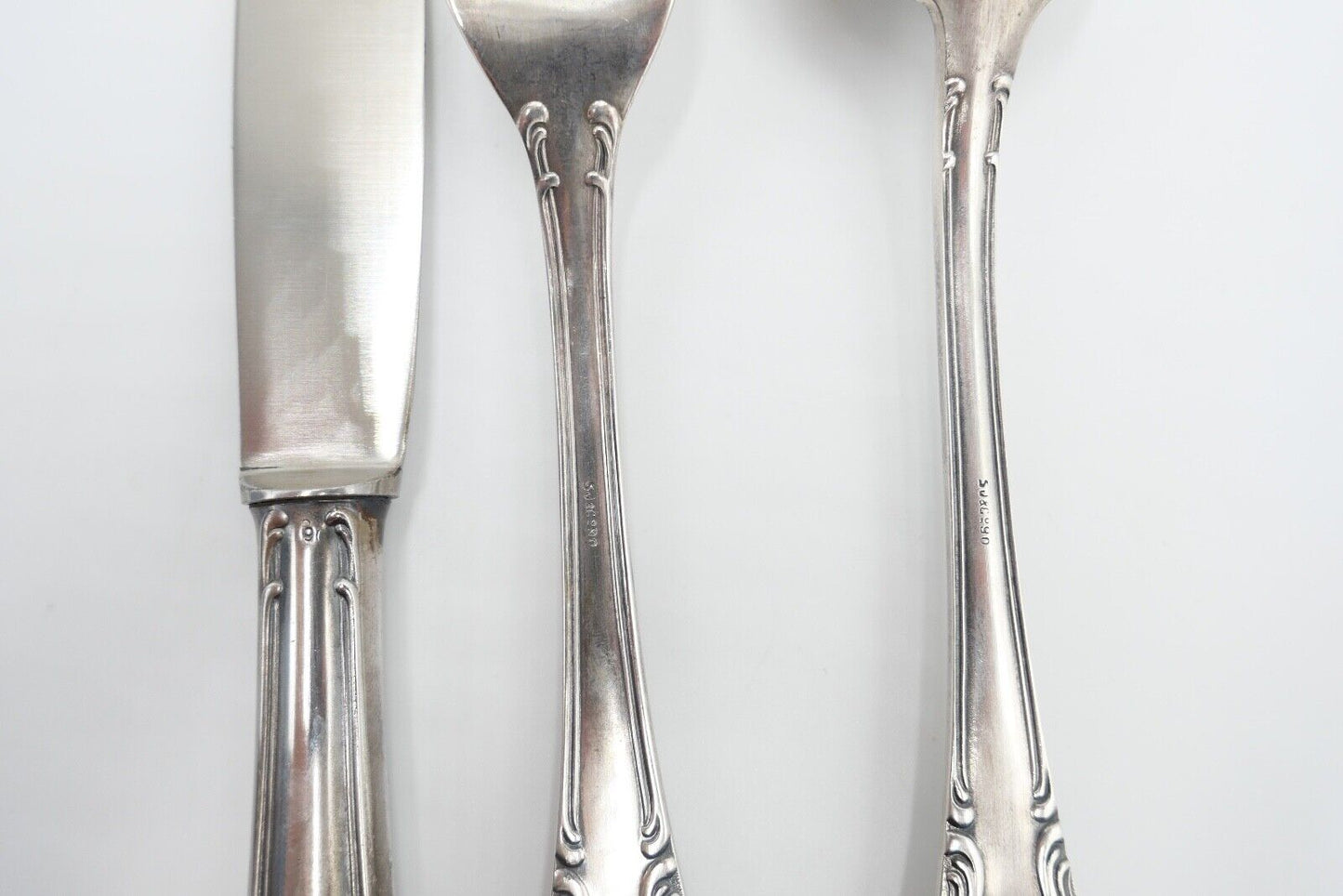1920 Besteck 3 teilig S.J. & Co. versilbert 90 Monogramm LM / ML mit Etui - Antikhandel-Stuttgart