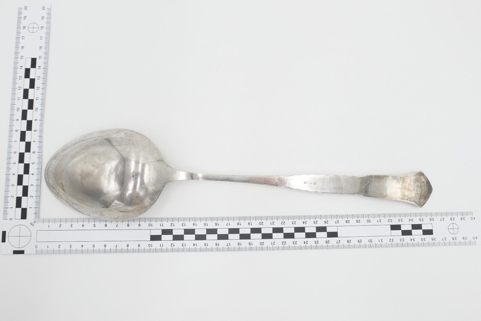 SCF Dänemark 2 Türme XXL Suppenlöffel 36 cm versilbert Monogramm EB gehämmert - Antikhandel-Stuttgart