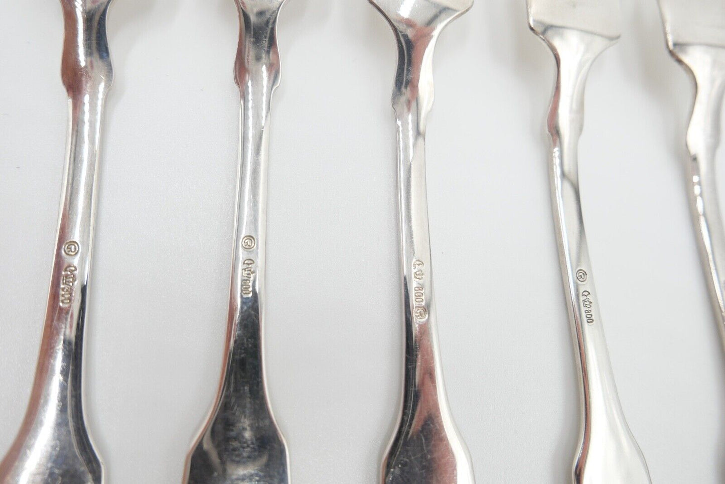800 Silber Besteck 6 tlg. Kuchengabel Gebrüder Reiner Spatenmuster Monogramm JM - Antikhandel-Stuttgart