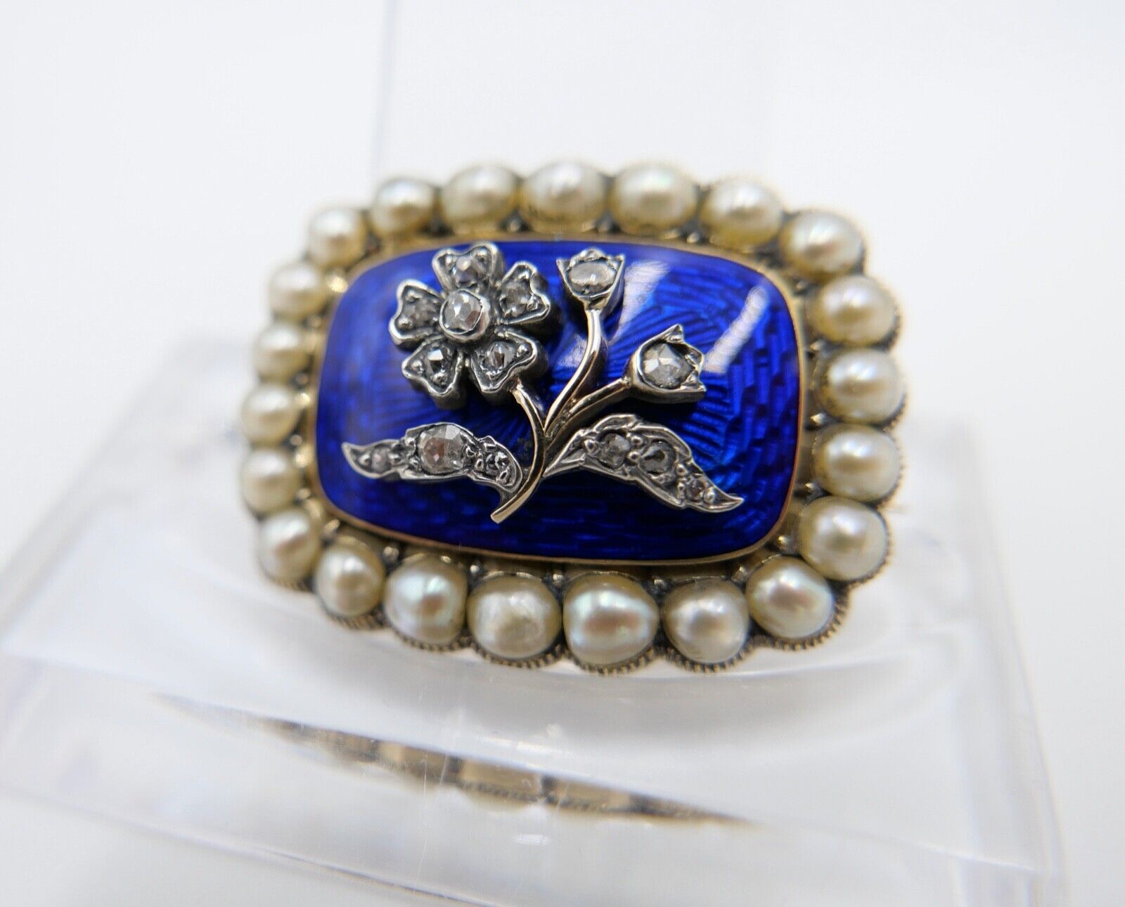 1850 antike Brosche 750 18K Gold viktorianisch floral Diamanten Perlen Emaille - Antikhandel-Stuttgart