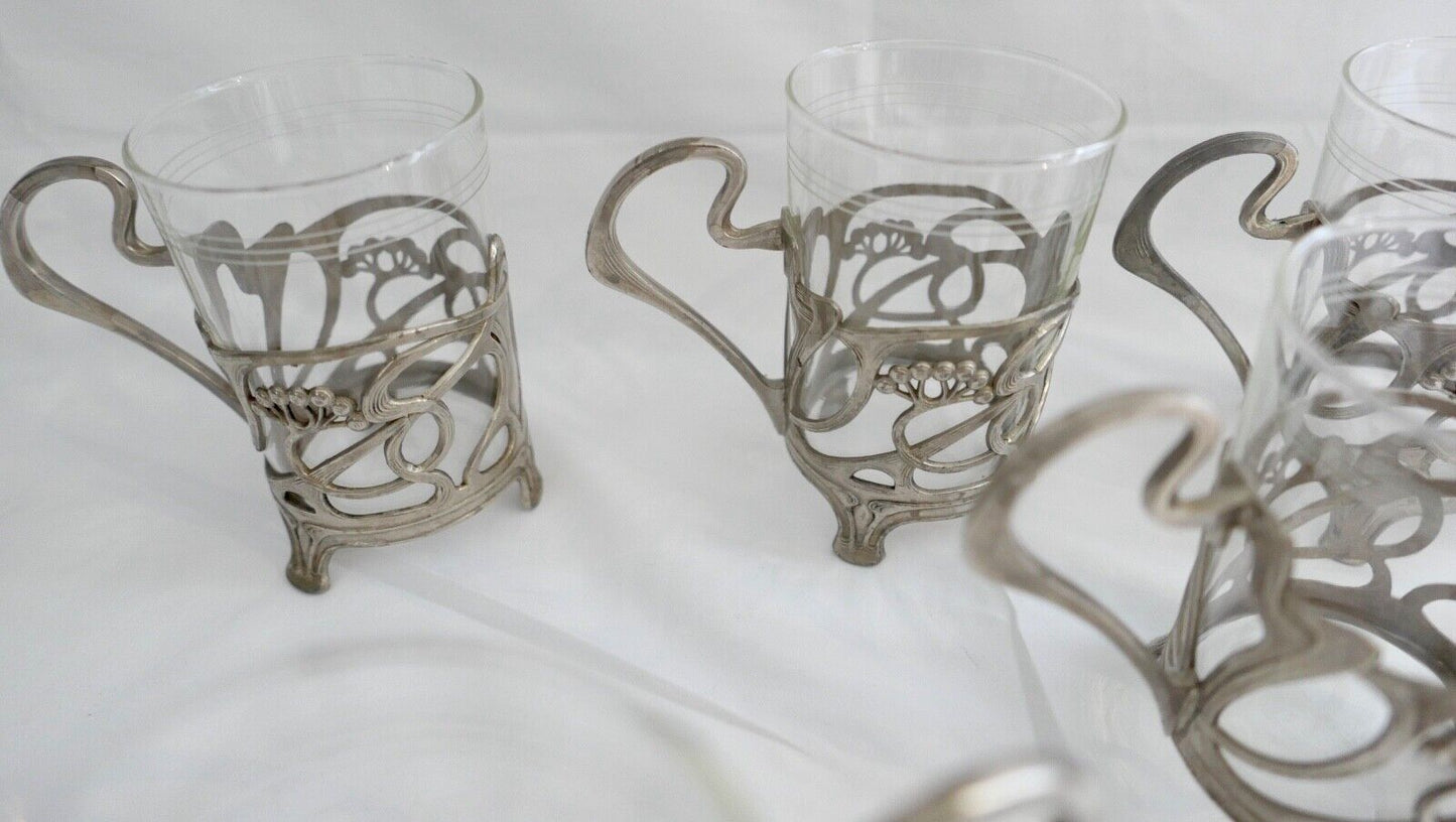 Set 6x Jugendstil Teeglashalter versilbert mit Schott Mainz JENAer Glas um 1900 - Antikhandel-Stuttgart