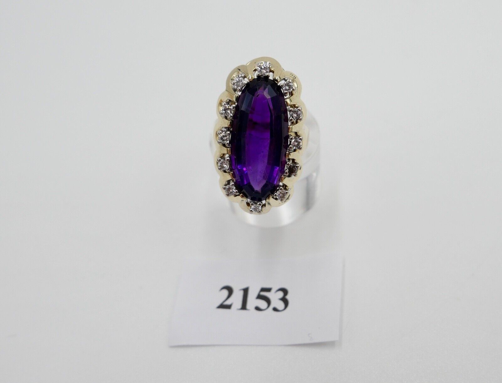 1980er Damenring Gelbgold 585 14K Brillant & Amethyst 15,68 Ctw Gr. 51-52 - Antikhandel-Stuttgart