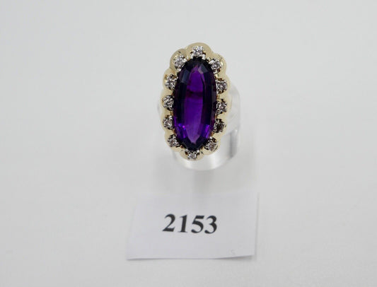 1980er Damenring Gelbgold 585 14K Brillant & Amethyst 15,68 Ctw Gr. 51-52 - Antikhandel-Stuttgart