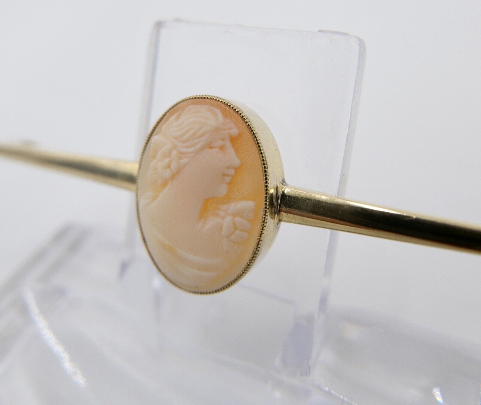 60er Jahre Stabbrosche Stecknadel Kamee Muschel Silber 835 vergoldet - Antikhandel-Stuttgart