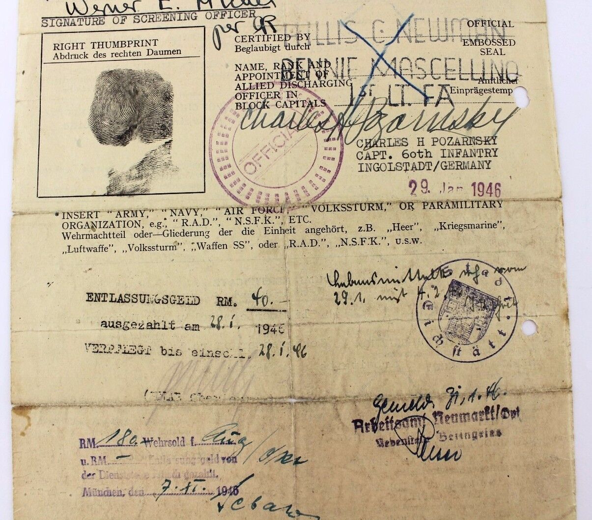 Entlassungsformular Kriegsgefangenschaft 2. WK 1946 WW release from captivity WW - Antikhandel-Stuttgart