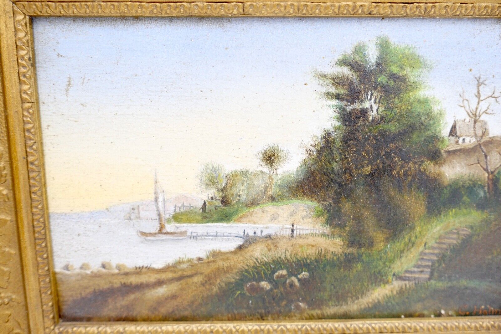 kleines Ölgemälde Öl auf Holz sig. C. Halm Landschaft Dünen Hafen very. Dänemark - Antikhandel-Stuttgart