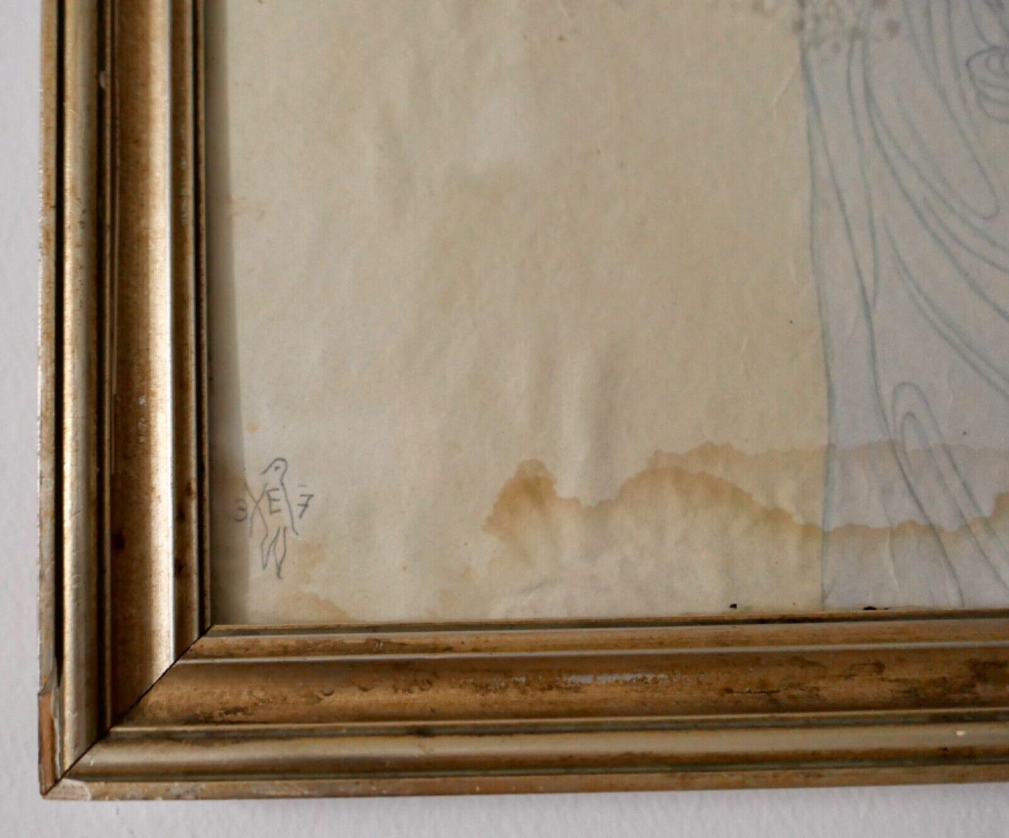 Alte bunte Bleistiftzeichnung Frau mit Kind und Kreuz signiert 41x52 cm - Antikhandel-Stuttgart