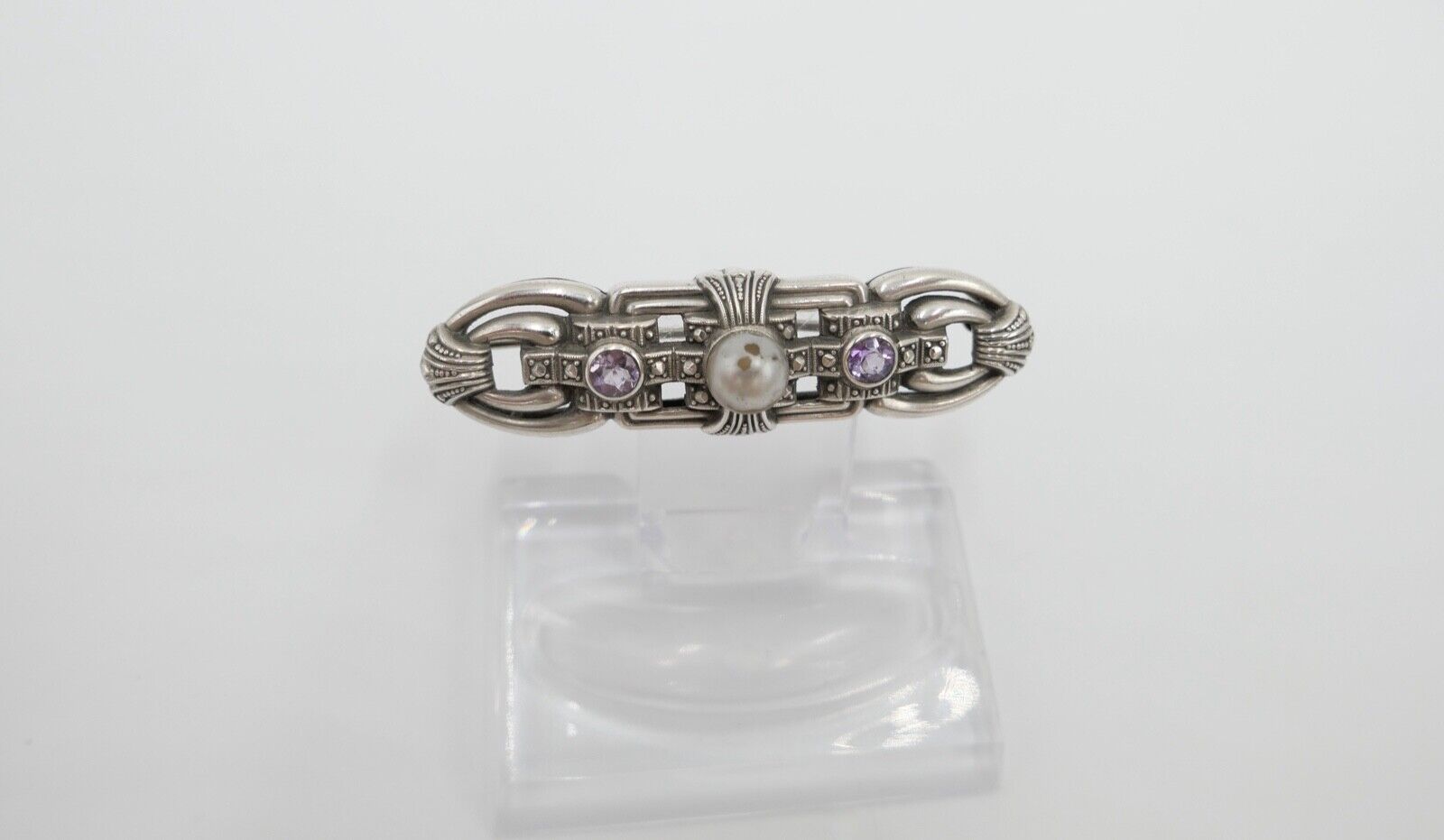 20er 30er Jahre Art Deco Silber 835 Brosche 53 mm mit lila Amethyst und Perle - Antikhandel-Stuttgart