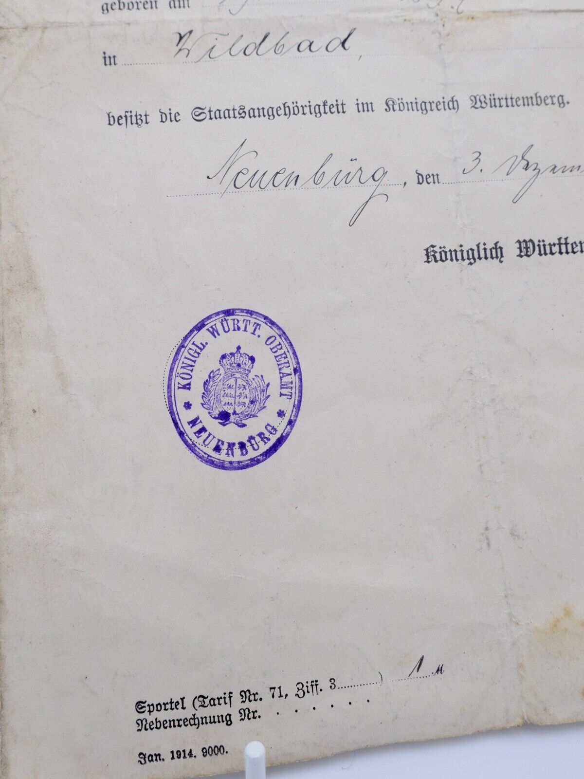 Königreich Württemberg Staatsangehörigkeitsnachweis 1914 - Antikhandel-Stuttgart