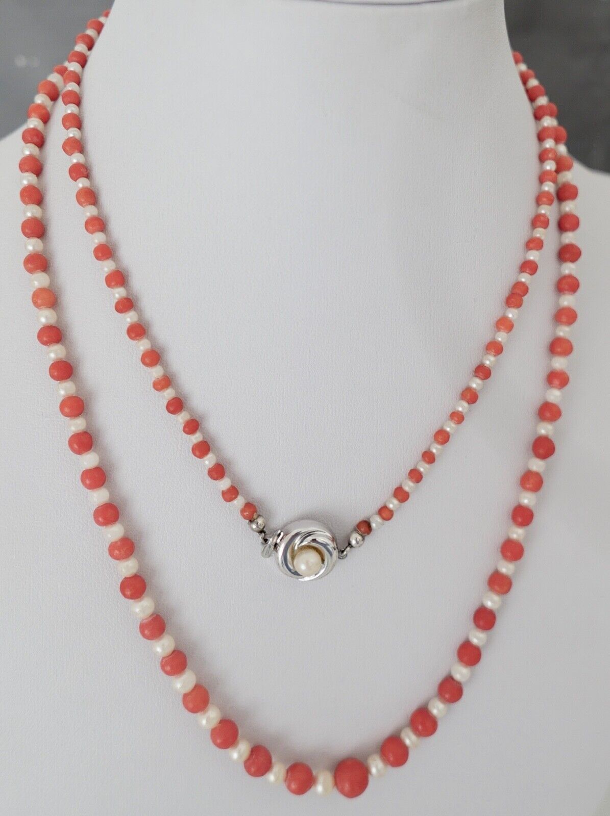 Seltene Korallen / Perlen Mix Kette coral pearl necklace 835 Ø 7,6mm Kugel 83cm - Antikhandel-Stuttgart