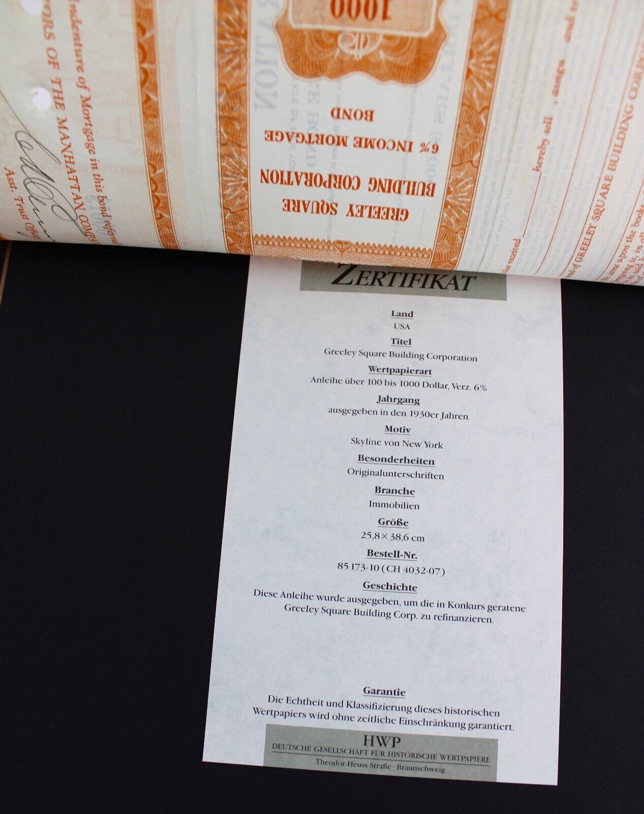 Greeley Square Building Corporation 1936 alte USA Aktie Stock Certificate 1000 - Antikhandel-Stuttgart