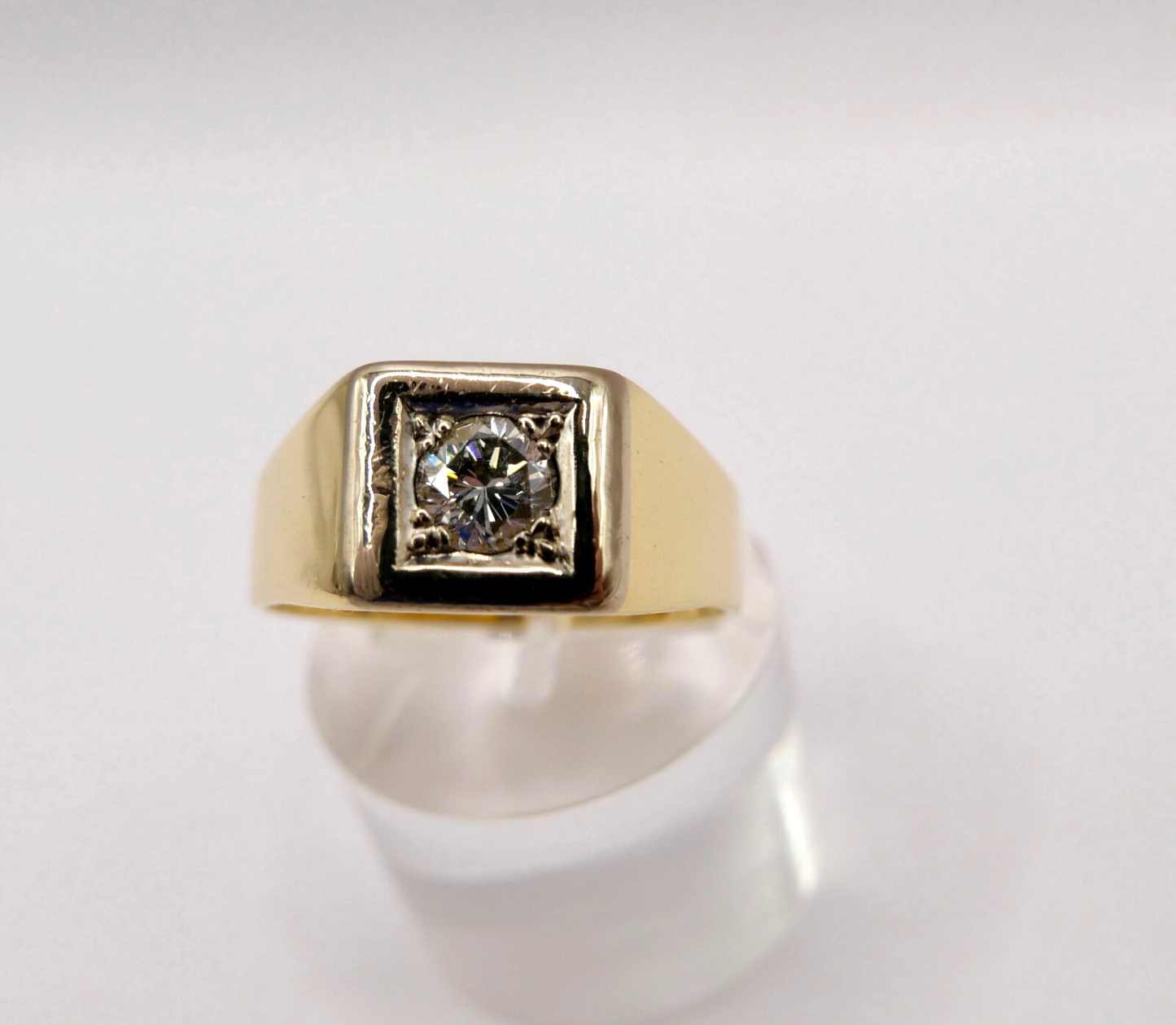 80er Solitär Herren Ring Gelbgold 750 / 18K Gr. 63 Diamant Brillant Jahre 0,52Ct