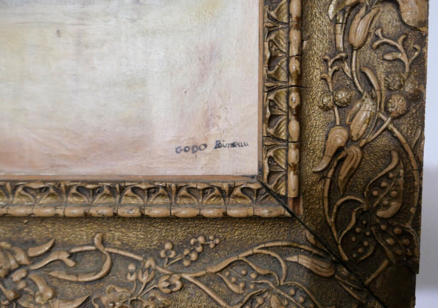 Gemälde Öl oil Leinwand 67x51 cm signiert "GODO" Vater an Kinderwiege - Antikhandel-Stuttgart