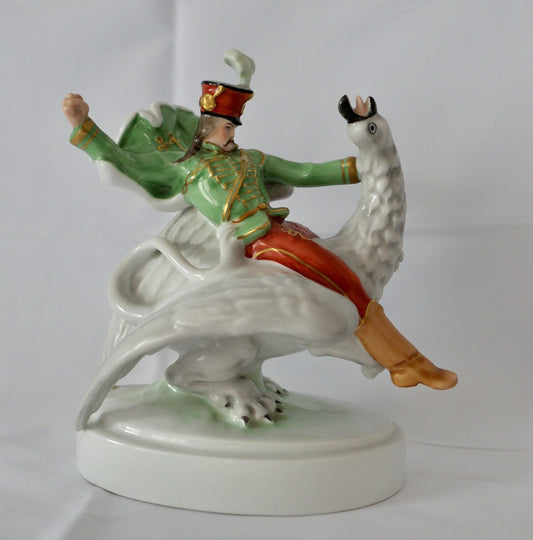 Porzellan Figur Herend Ungarisch Soldat auf Drache 21cm Husar kämpft Drache 5498 - Antikhandel-Stuttgart