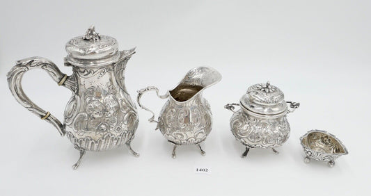 4 teiliges Teeset Set um 1900 Hanau Rokoko 800 Silber 620 Gr Floralverzierung - Antikhandel-Stuttgart