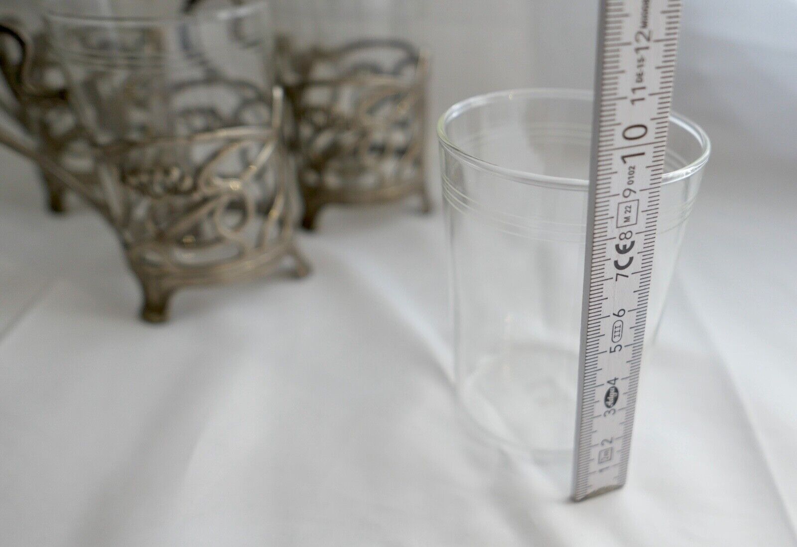 Set 6x Jugendstil Teeglashalter versilbert mit Schott Mainz JENAer Glas um 1900 - Antikhandel-Stuttgart