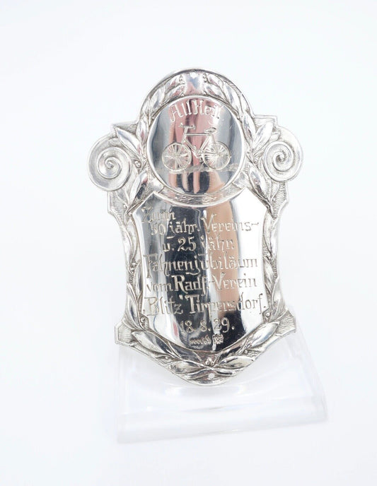 Fahrrad Plakette 1929 Silber 800 Jubiläum BLITZ Tirpersdorf Ralf.-Verein - Antikhandel-Stuttgart