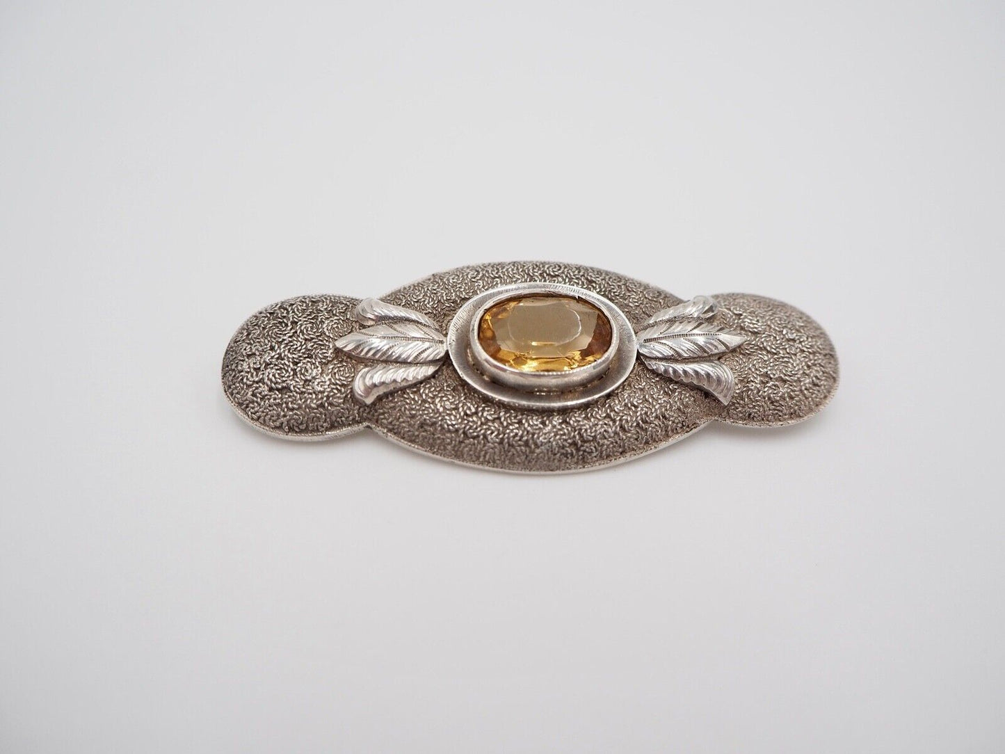 50er Jahre florale Silber 835 große Brosche 66 mm Schmuckstein orange Glasstein - Antikhandel-Stuttgart
