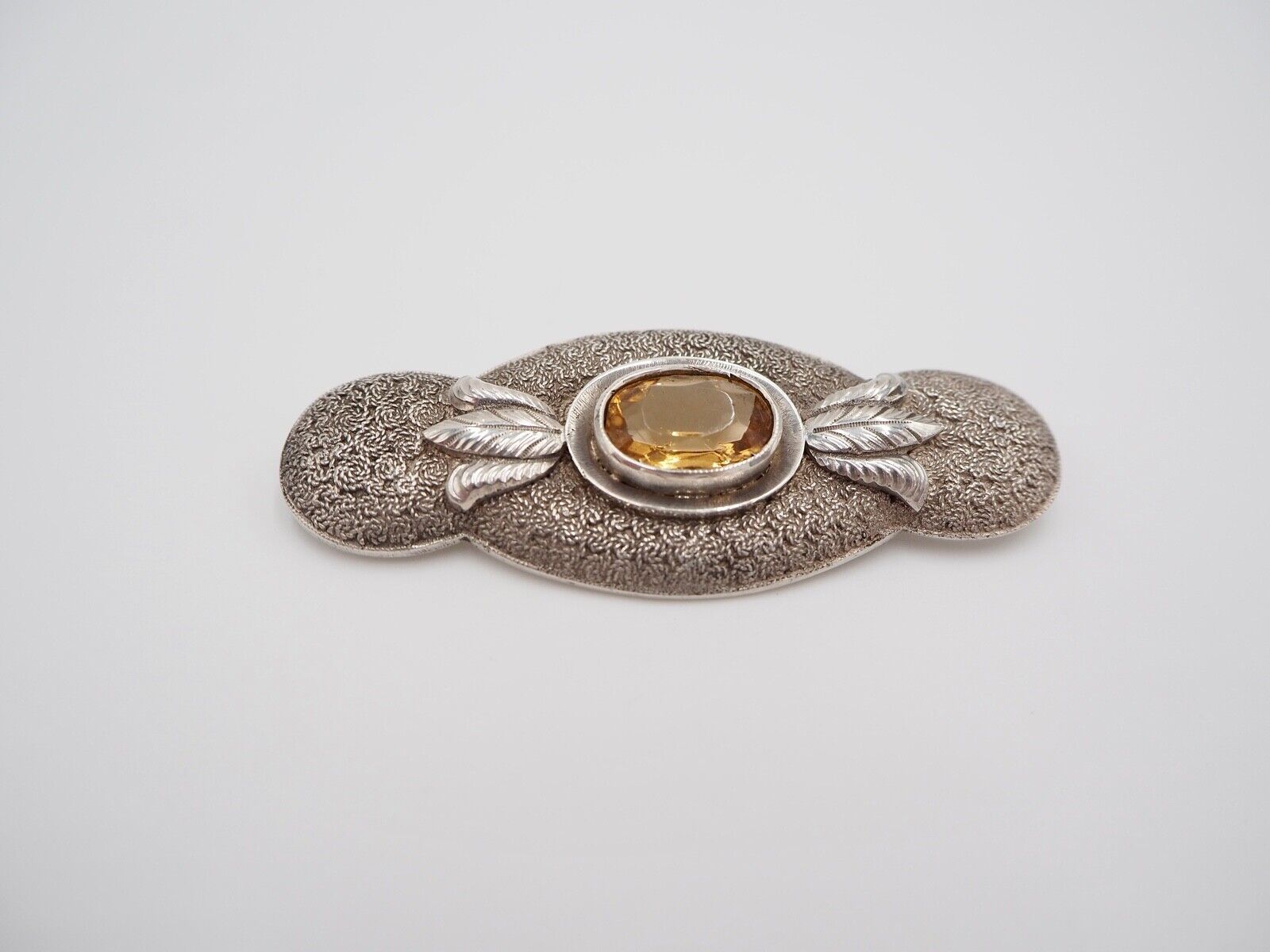 50er Jahre florale Silber 835 große Brosche 66 mm Schmuckstein orange Glasstein - Antikhandel-Stuttgart