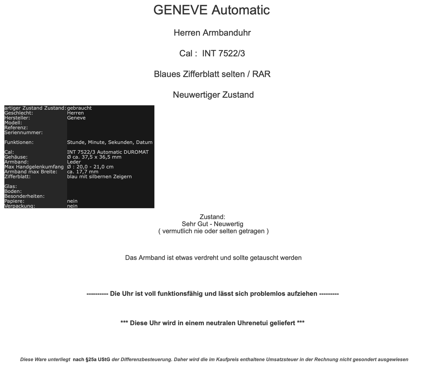 GENEVE Automatic Herren Armbanduhr INT 7522/3 Duromat ZB blau sehr selten NEUwer - Antikhandel-Stuttgart