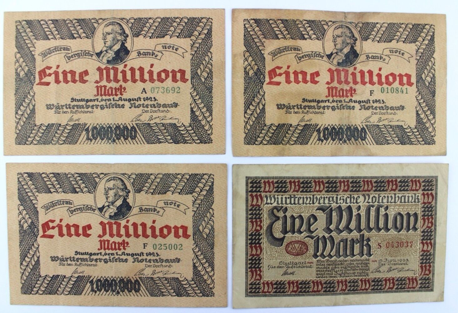4x WTB 17 18 Länder Banknote 1 Million Mio Mark 1923 old Bill Württemberg RO - Antikhandel-Stuttgart