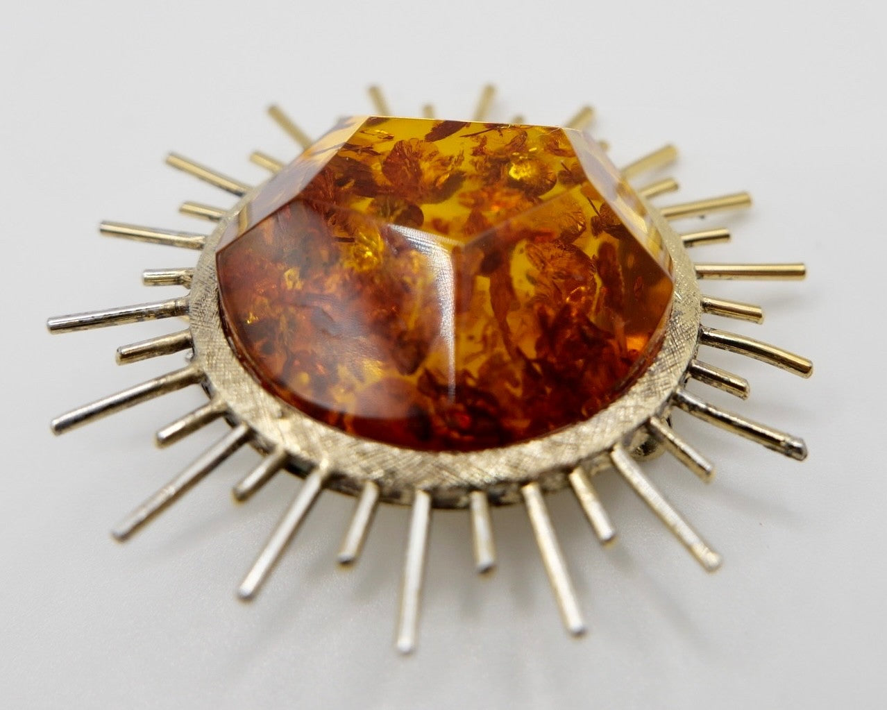 Vintage Sonnen-Brosche 835 Silber vergoldet mit großem Bernstein Handarbeit SBM