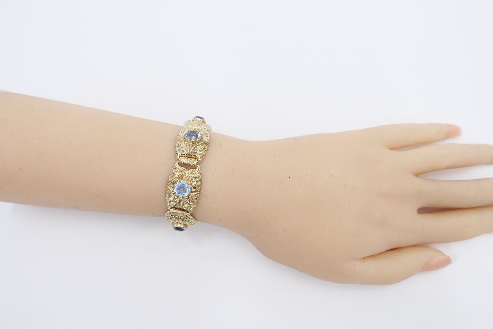 antik um 1900 JUGENDSTIL Armband vergoldet mit blauen Glassteinen floral - Antikhandel-Stuttgart