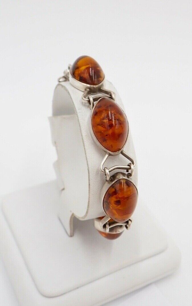 vintage 70er Jahre Cabochon Bernstein Armband Gliederarmband Silber - Antikhandel-Stuttgart