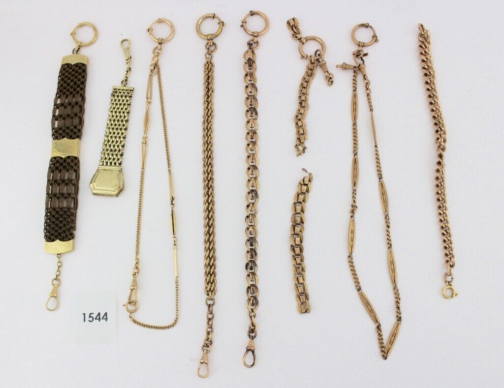 8 Antike Taschenuhr Kette pocket watch Chain Goldcharm Amerika Chronos Vergoldet - Antikhandel-Stuttgart