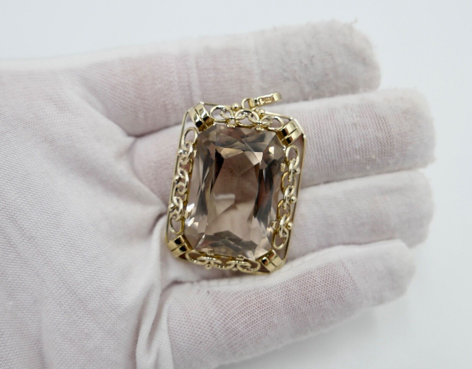 XXL Rauchquarz Anhänger 585 / 14K Gelbgold 40x31mm im Scheren Schliff 68,7 Ct - Antikhandel-Stuttgart