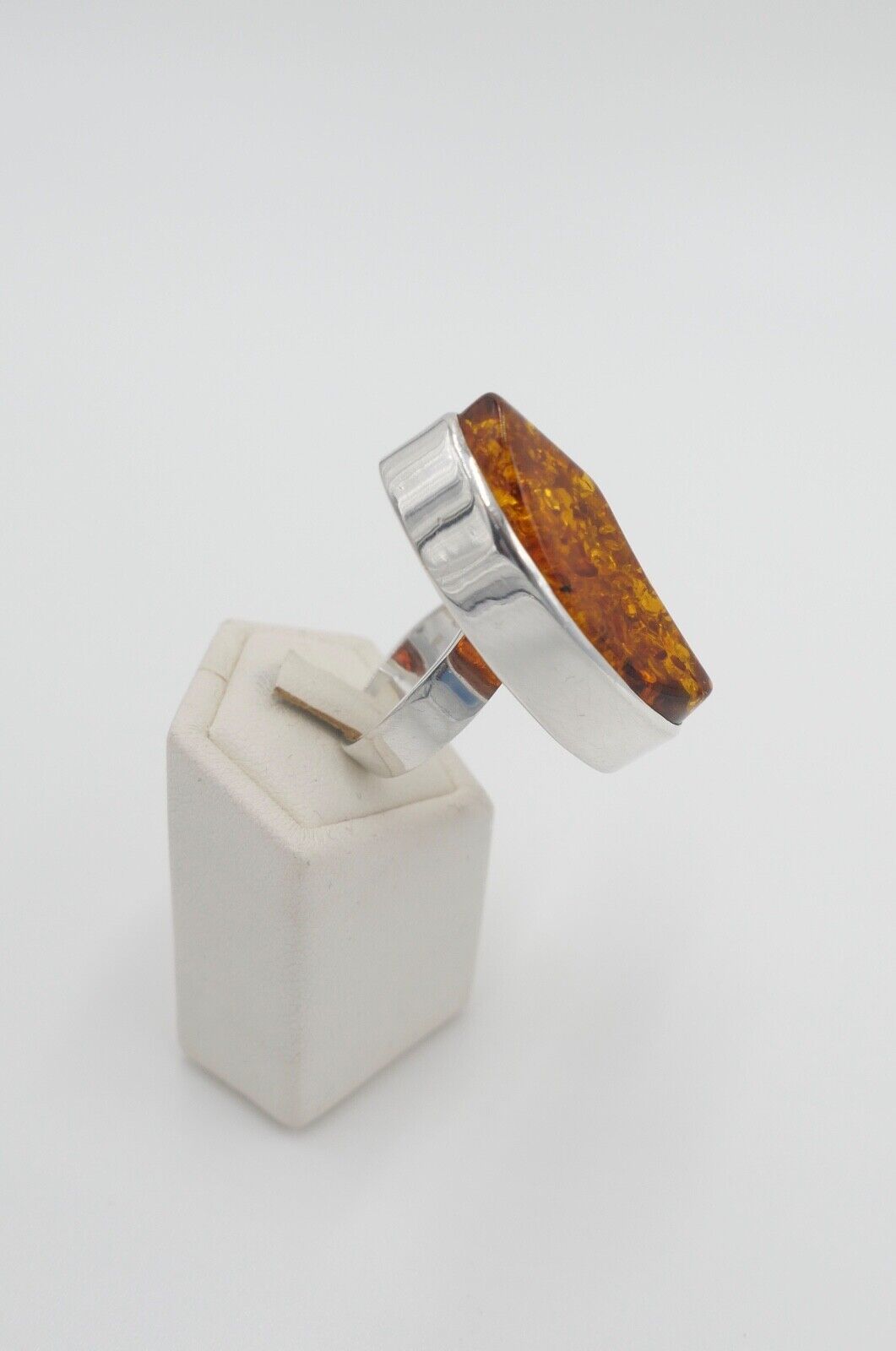80er Jahre Designer Ring Bernstein & Mondstein Silber 925 Größe 60 verstellbar - Antikhandel-Stuttgart