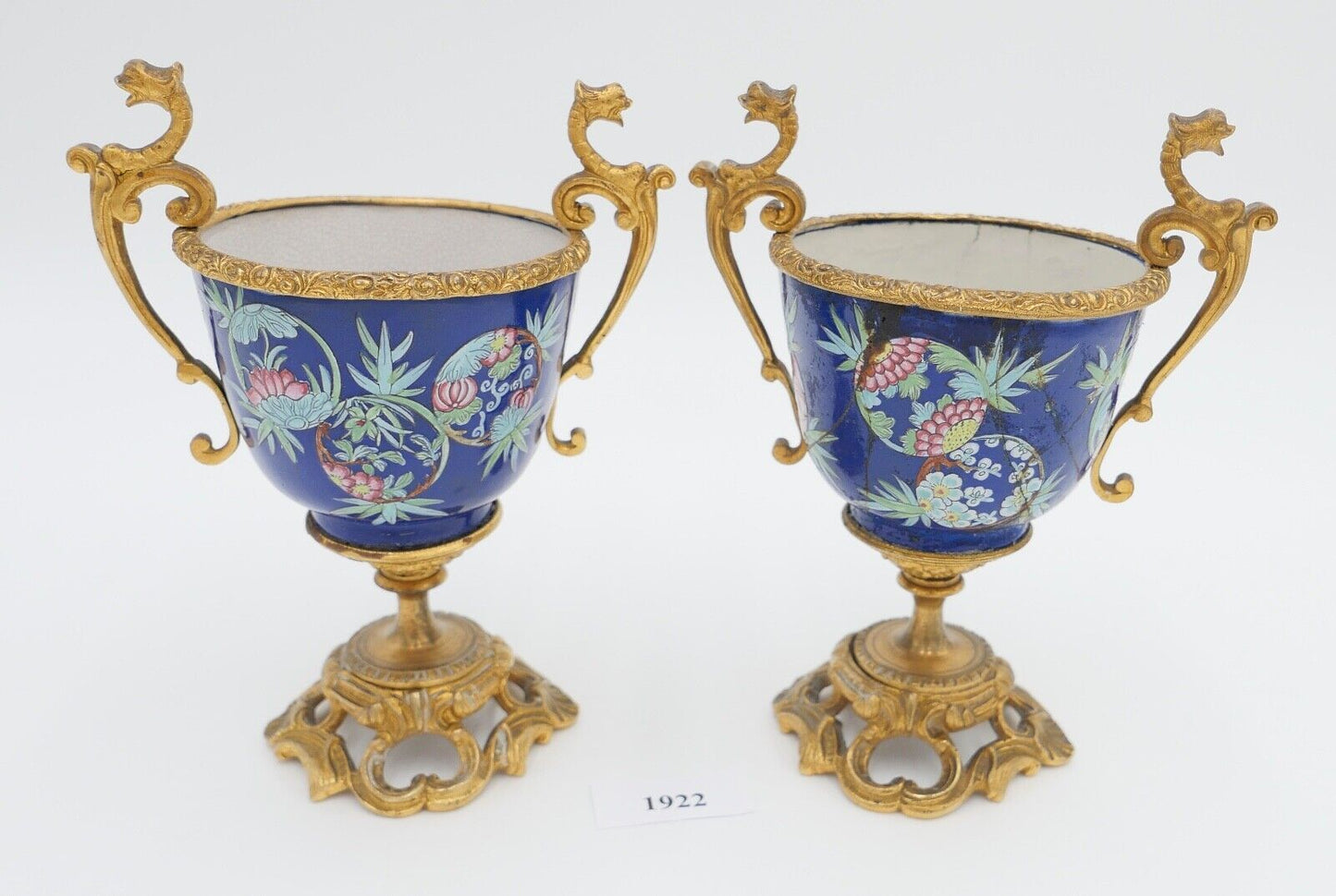 antik Mitte 19. Jhd 2x Kelch Becher Pokal feuervergoldet handbemalt Krakelee - Antikhandel-Stuttgart