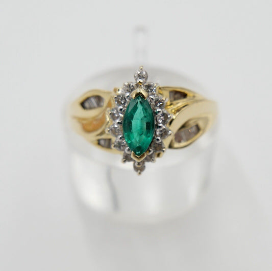 I.K. 750 18K Damen Gelbgold Diamant Brillant Smaragd Navette 1 CTW Ring Gr. 55 - Antikhandel-Stuttgart