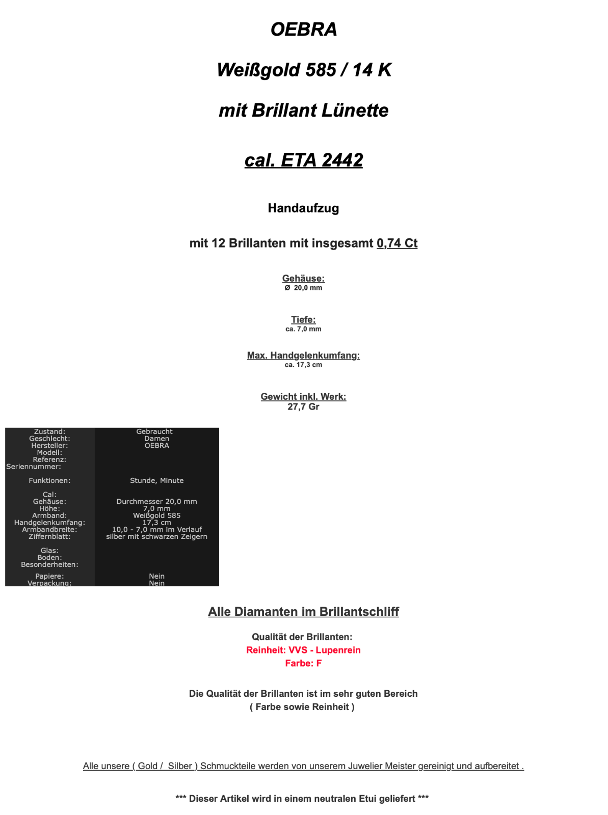 1980er Handaufzug OEBRA Damen Uhr Weißgold 585 mit Brillanten 0,74 Ct VVS if F - Antikhandel-Stuttgart